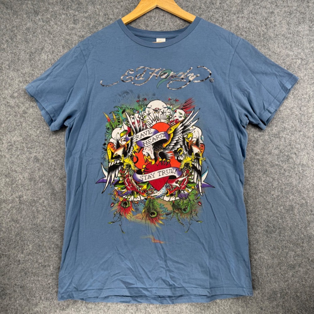Y2K Ed Hardy T-Shirt Mens L Blue Brave Hearts Stay True Graphic Tee Double Sided